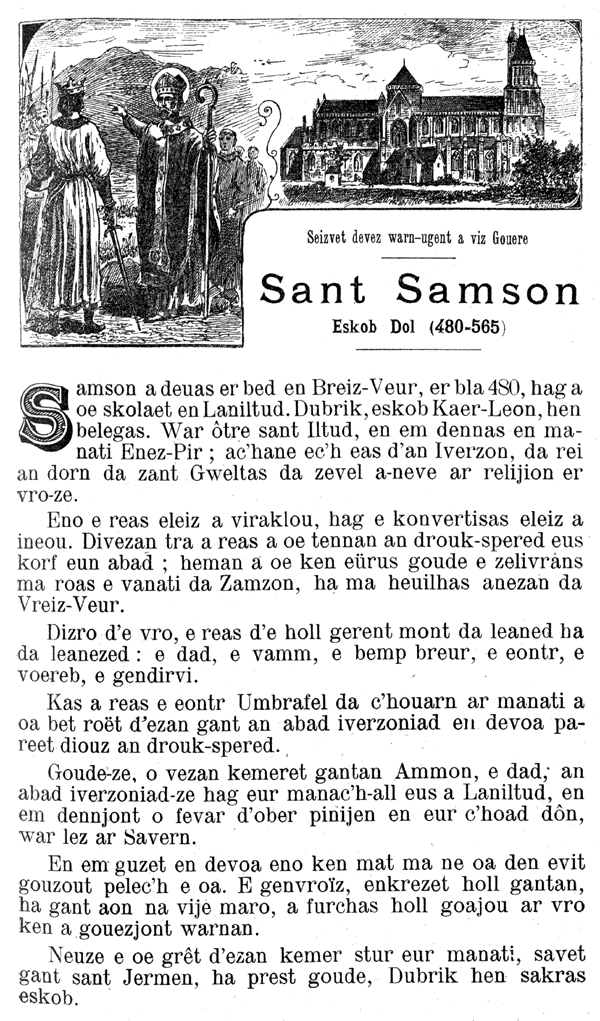 Vie de saint Samson, premier évêque de Dol, vers 480-565 ; buhe Sant Samson kentan eskob Dol.